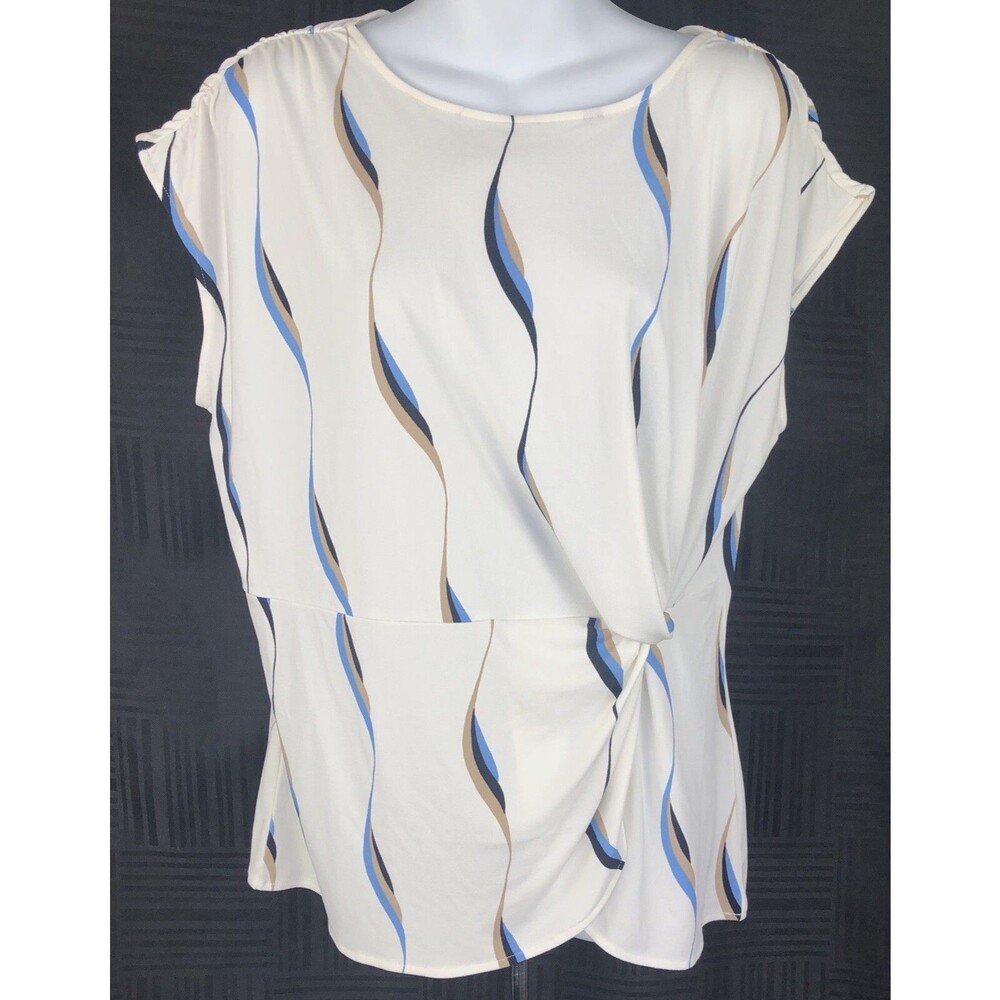 Alfani Top Blouse L Ivory Geometric Ruched Cap sleeve gathered Knot side Career